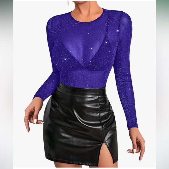 Allchic Glitter Sheer Mesh Long Sleeve Top Y2K - Picture 1 of 9